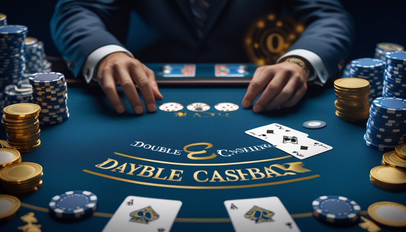 Meja blackjack dengan kartu, keping kasino, dan elemen hadiah cashback bernuansa biru dan emas.