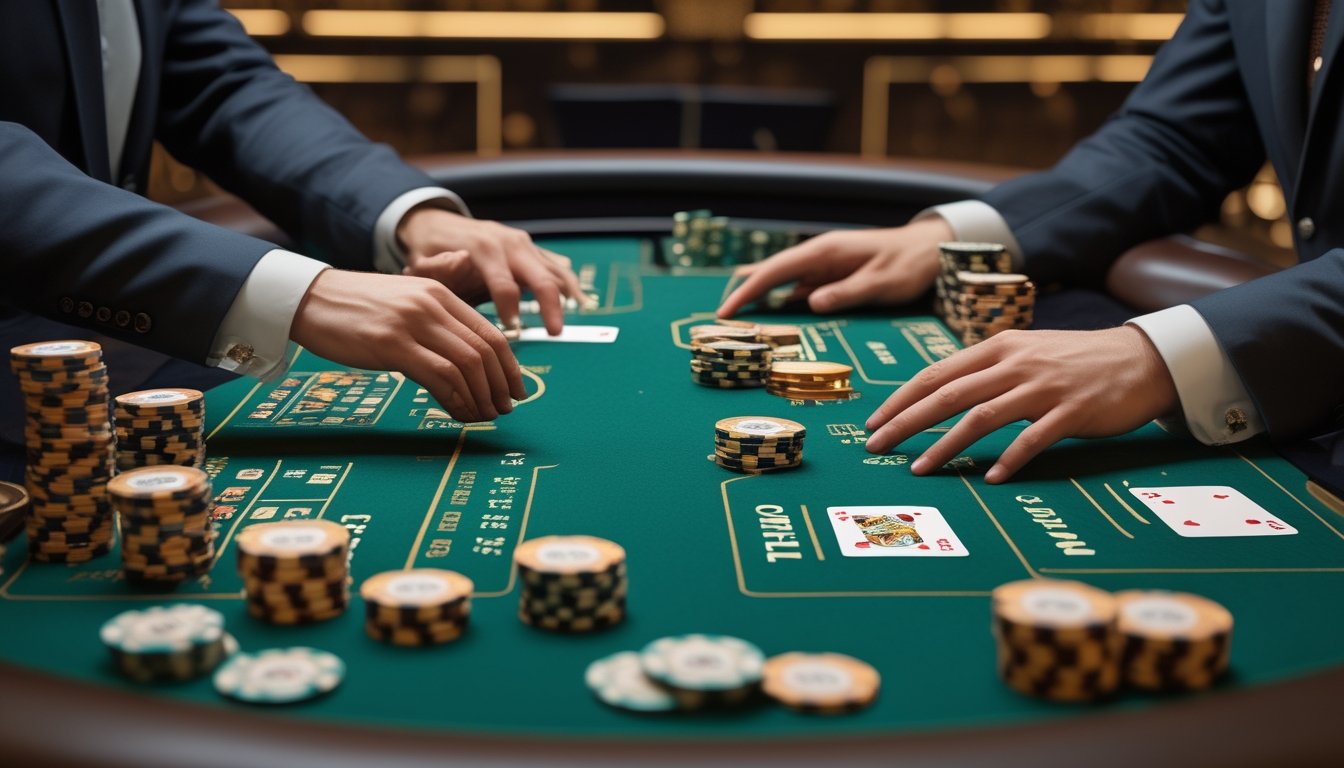 Meja Double Exposure Blackjack dengan kartu terbuka, keping taruhan, dan area taruhan sampingan di kasino.