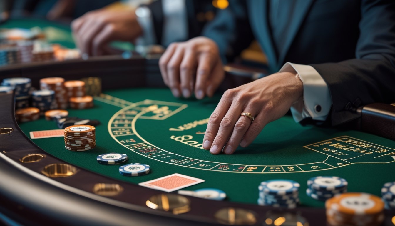 Pemain mempertimbangkan taruhan sampingan di meja Double Exposure Blackjack dengan kartu dealer terbuka dan keping taruhan tersusun.