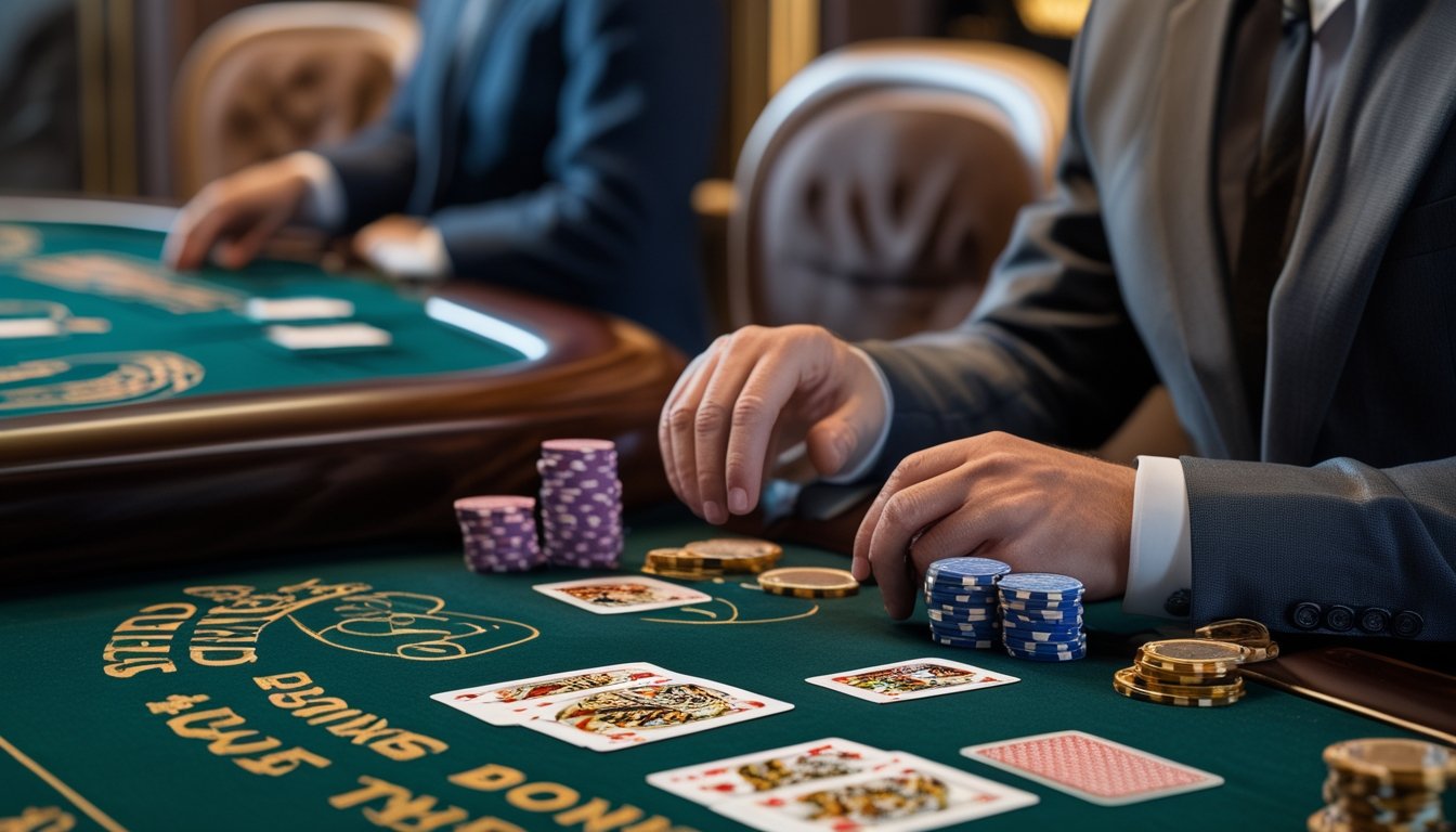Pemain blackjack profesional mempelajari kartu dan tumpukan chip di meja kasino.