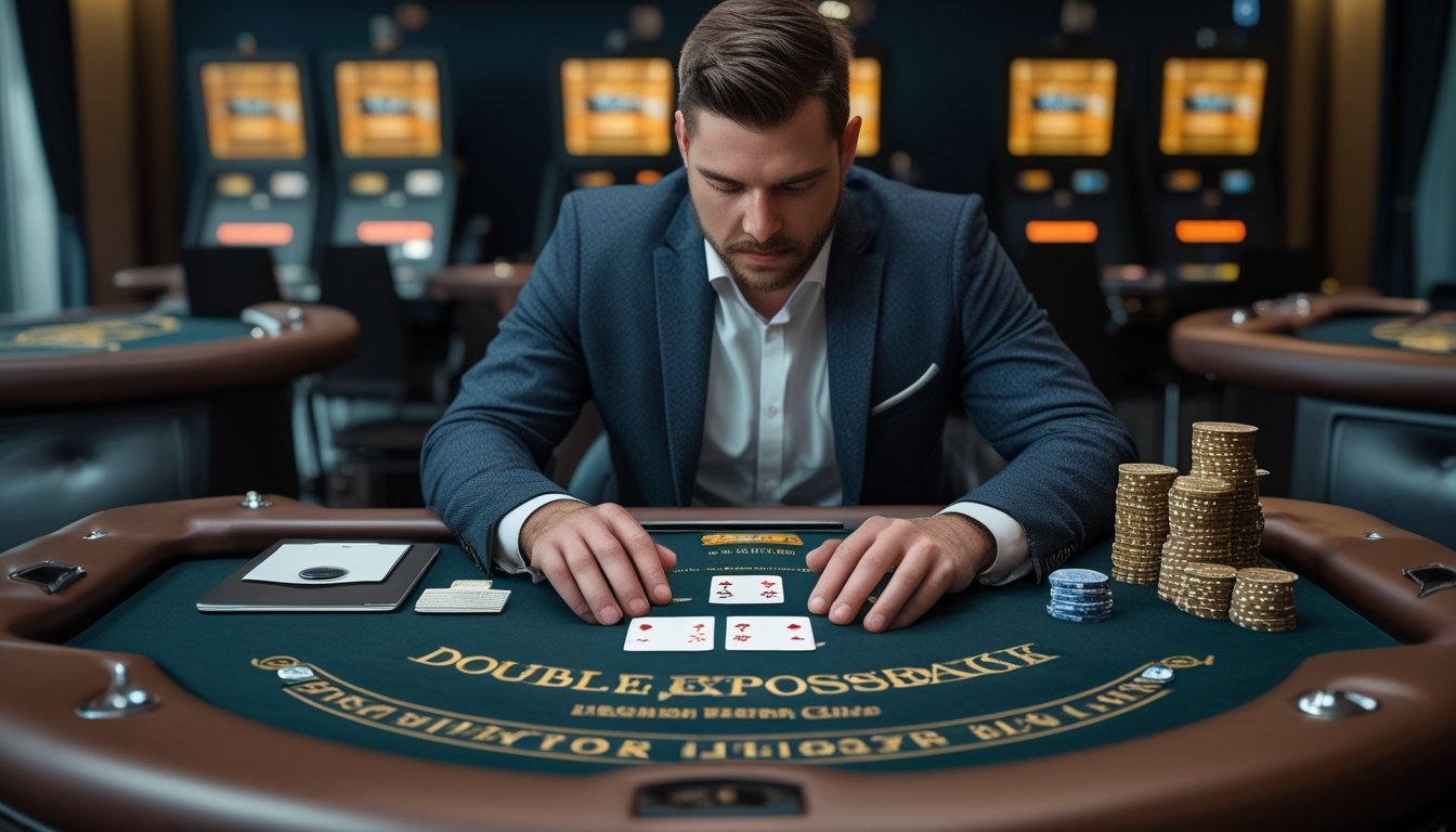 Pemain dewasa menganalisis kartu Double Exposure Blackjack dan tumpukan chip di meja kasino.