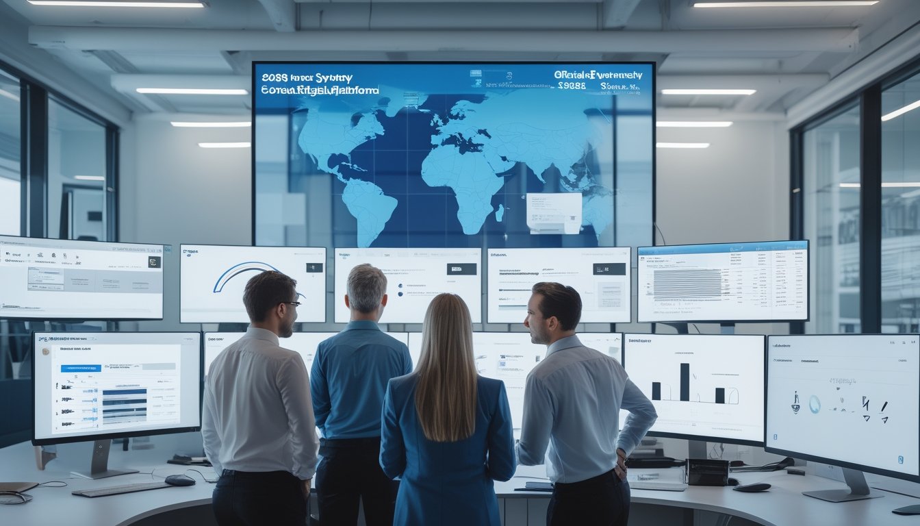 Tim profesional memeriksa dashboard keamanan dan kepatuhan pada platform digital modern di kantor.