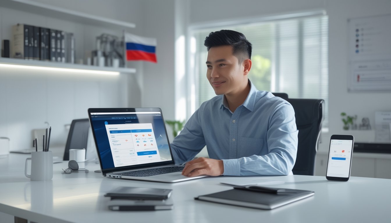 Orang dewasa di ruang kerja modern sedang meninjau aplikasi taruhan digital dengan simbol keamanan di laptop dan ponsel.