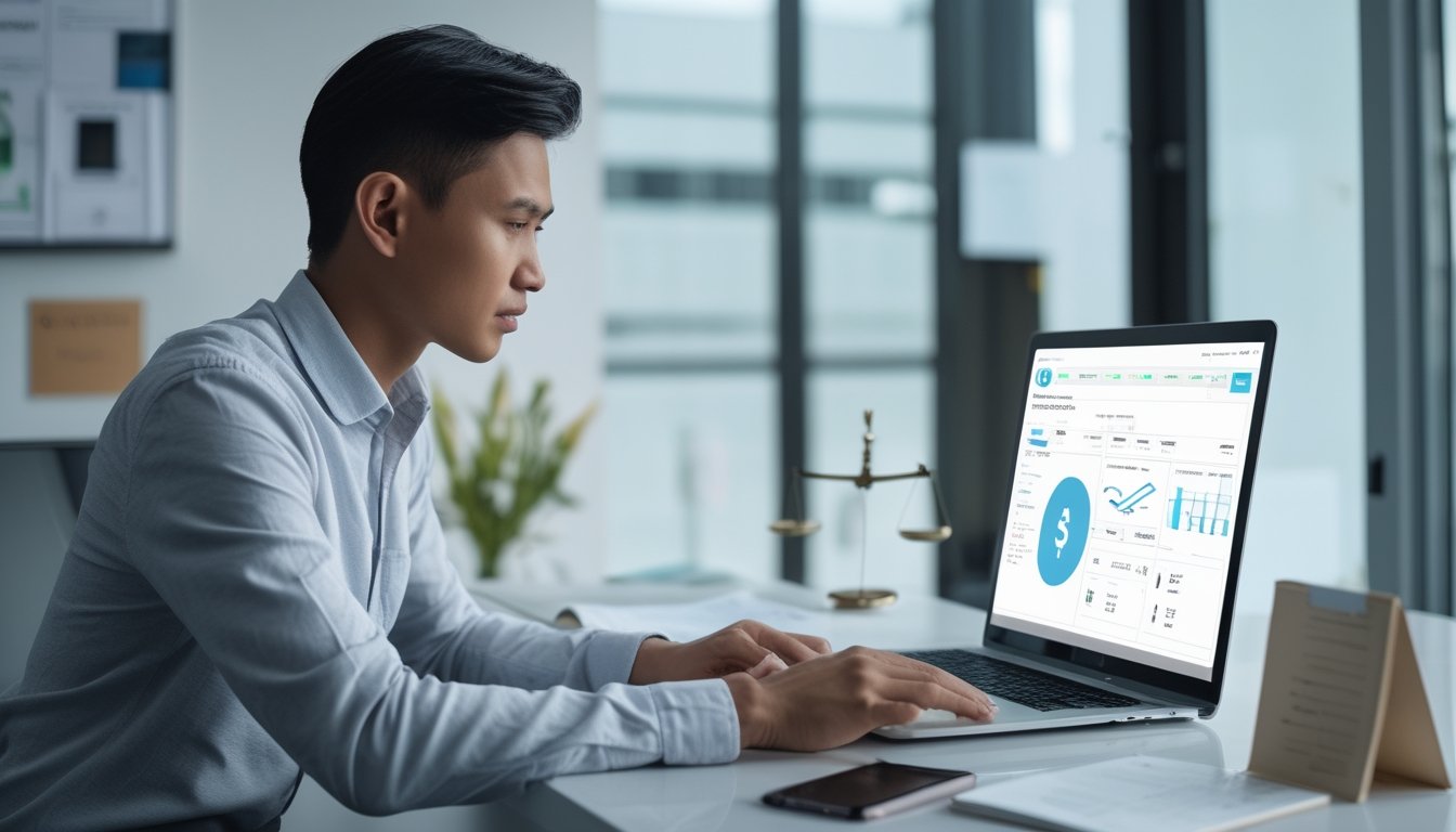 Seorang profesional Indonesia meninjau platform digital dengan simbol keamanan di meja kerja.