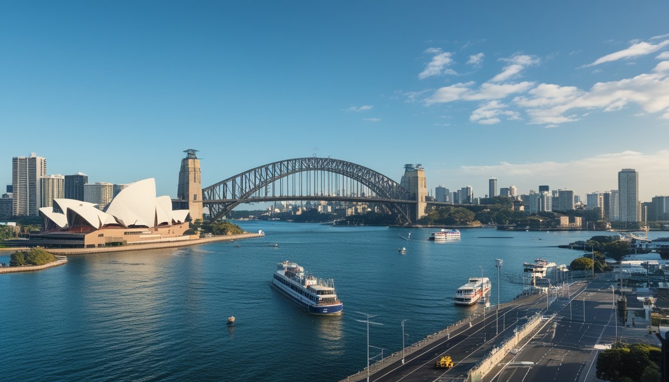 Pemandangan kota Sydney dengan Gedung Opera Sydney, Jembatan Pelabuhan Sydney, gedung pencakar langit, dan pelabuhan.