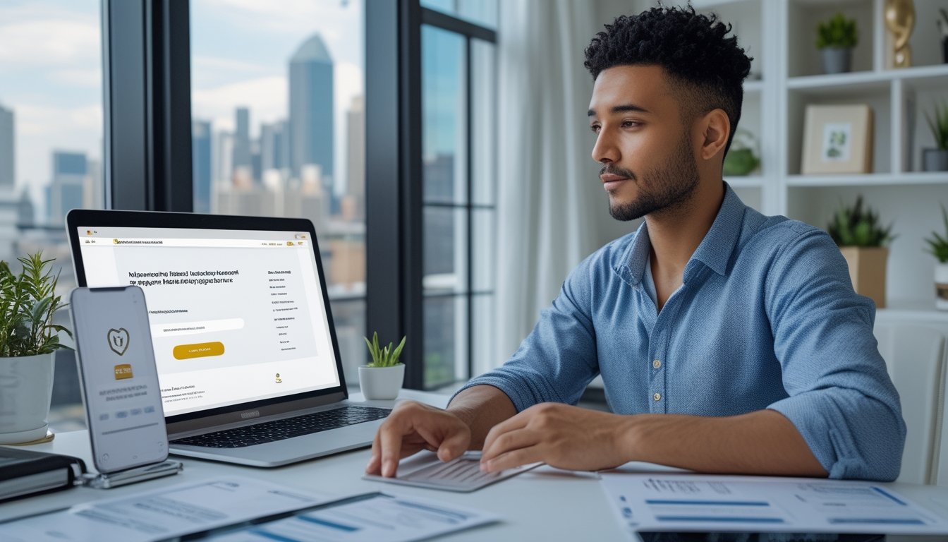 Seseorang memeriksa proses pendaftaran akun online yang aman di laptop dengan ponsel dan dokumen verifikasi di meja.