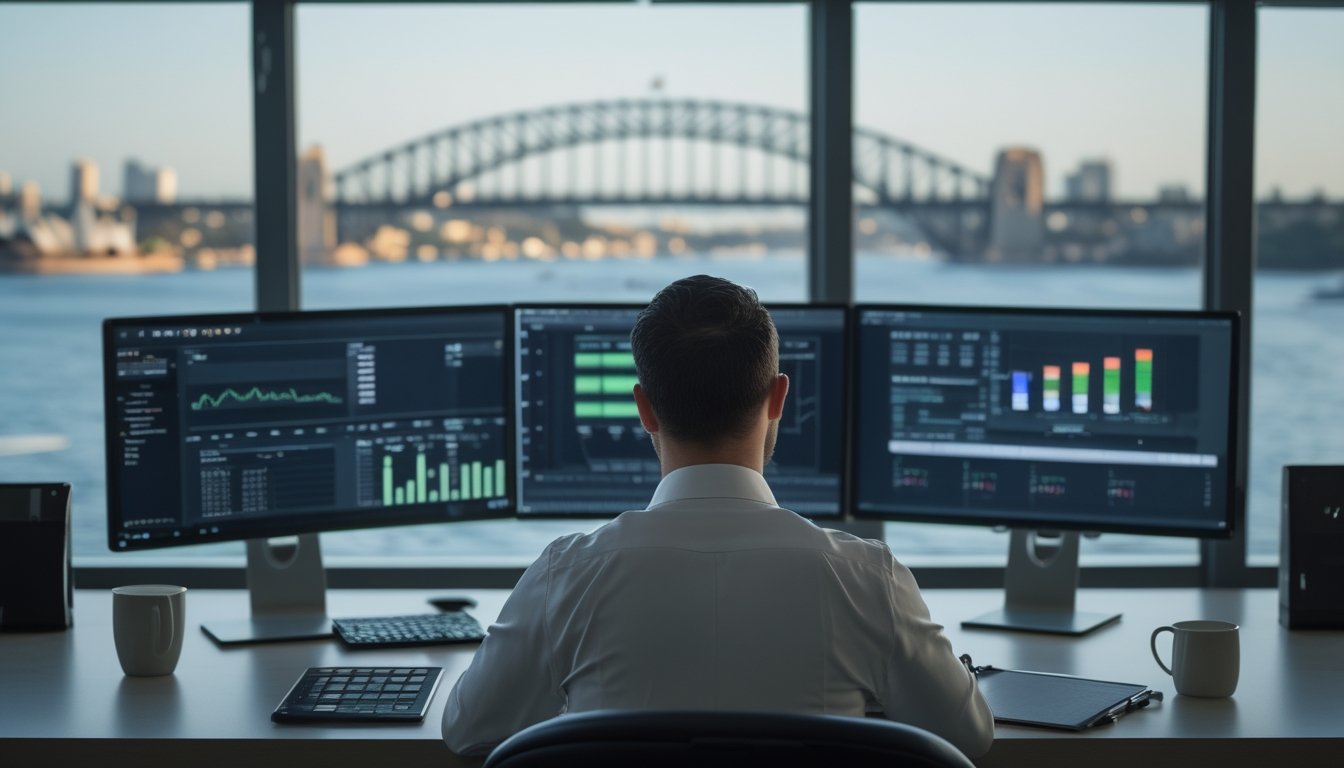 Seorang analis mengamati data di ruang kerja modern dengan pemandangan Sydney di latar belakang.
