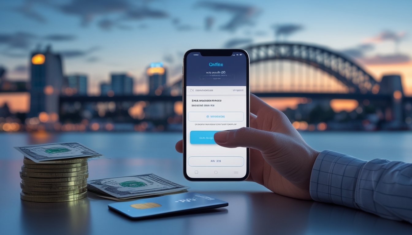 Seseorang menggunakan ponsel untuk melakukan pembayaran digital dengan latar kota Sydney.