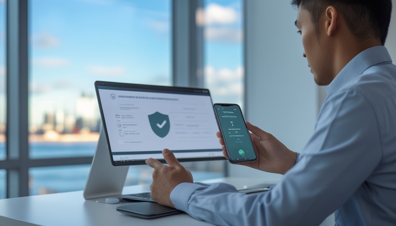 Seorang pengguna menilai keamanan platform digital melalui laptop dan ponsel di ruang kerja dengan latar kota Sydney.