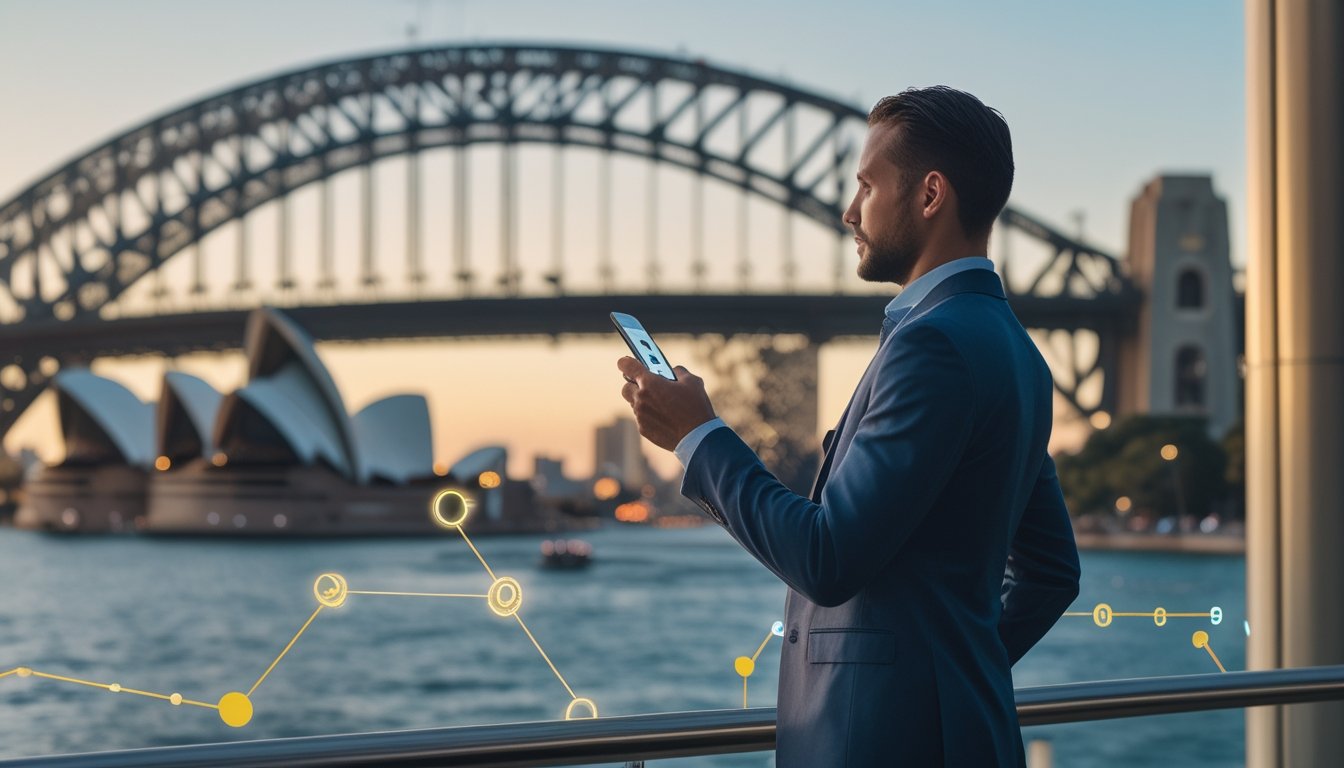 Profesional menggunakan ponsel di depan pemandangan Sydney dengan jaringan koneksi digital dan nuansa penghargaan.