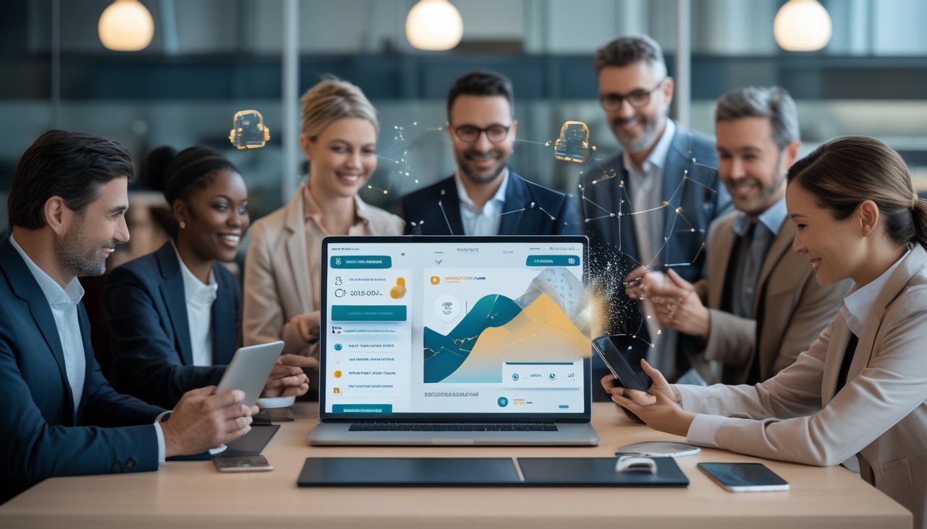 Sekelompok profesional meninjau platform digital dengan simbol keamanan, analitik, dan jaringan rujukan di latar kota Sydney.