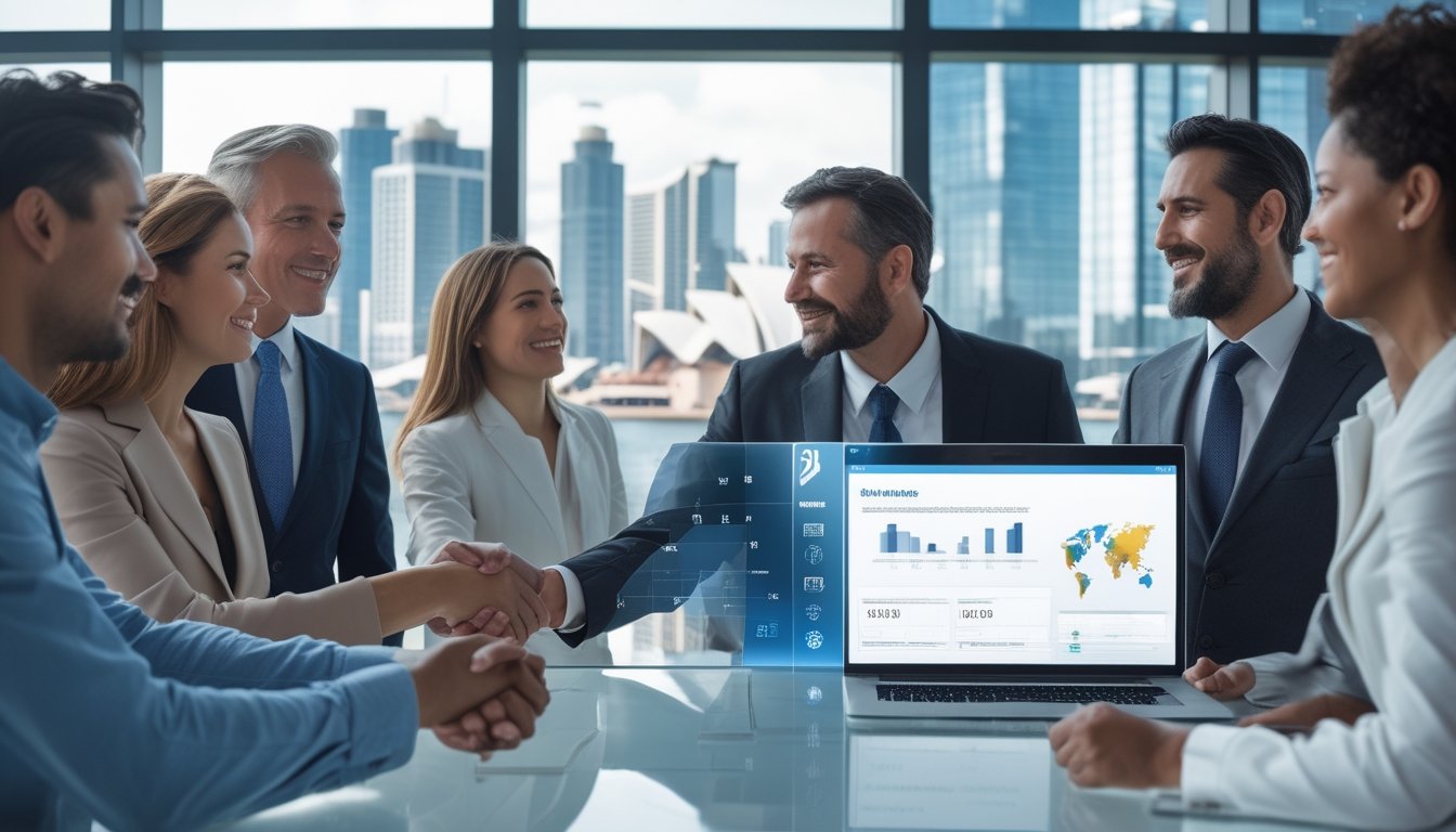 Sekelompok profesional berdiskusi di kantor modern dengan pemandangan cakrawala Sydney dan tampilan analitik digital.