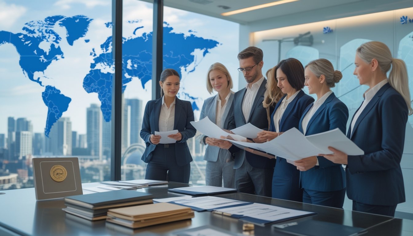 Sekelompok profesional meninjau dokumen sertifikasi dan kepatuhan di kantor modern dengan latar cakrawala Sydney.