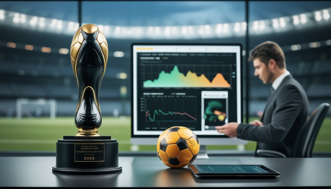 Analis olahraga memeriksa data prediksi pencetak gol terbanyak di samping trofi sepatu emas dan bola sepak.