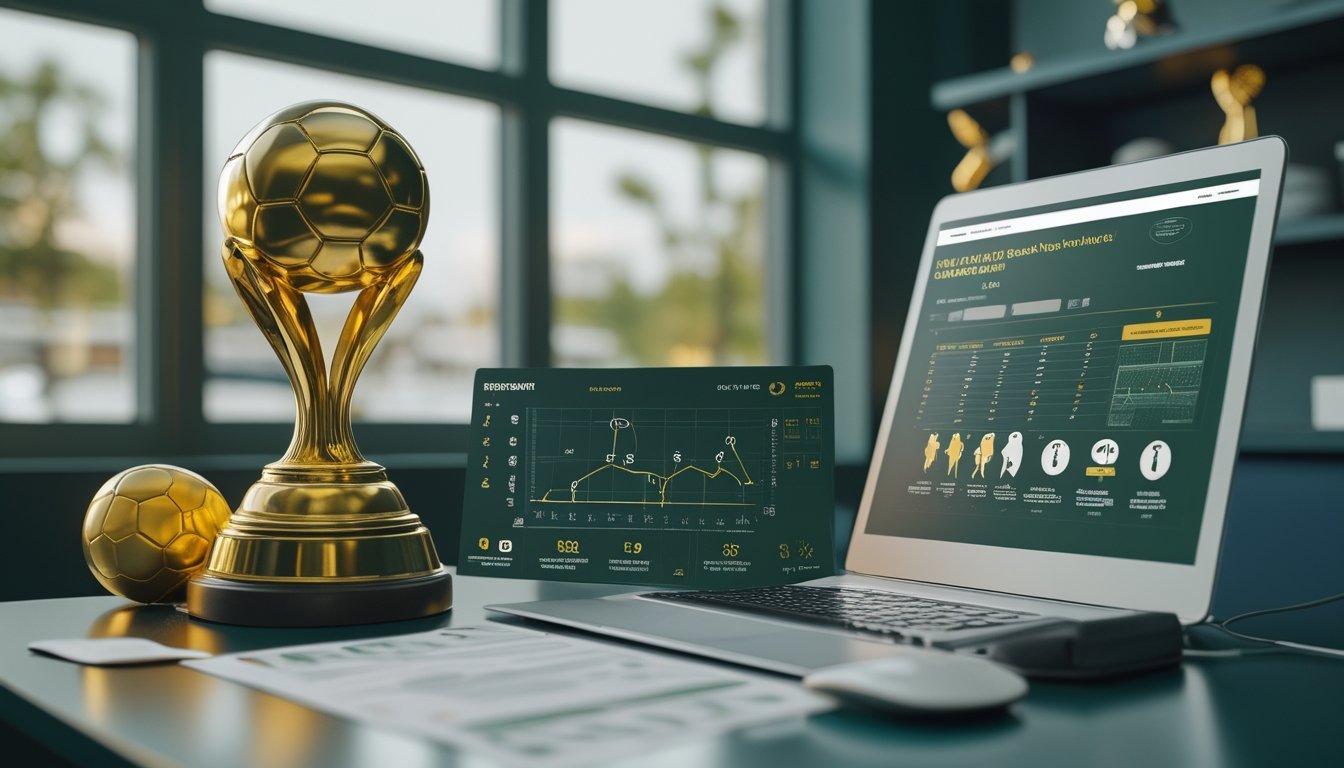 Meja analisis sepak bola dengan trofi sepatu emas, bola, laptop, tablet, dan grafik statistik abstrak.