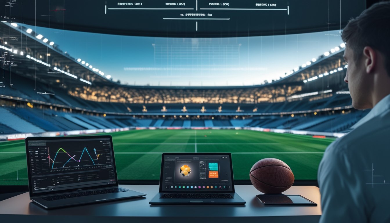 Analis mengamati data prediksi pertandingan sepak bola di ruang analitik dengan stadion terlihat di latar belakang.