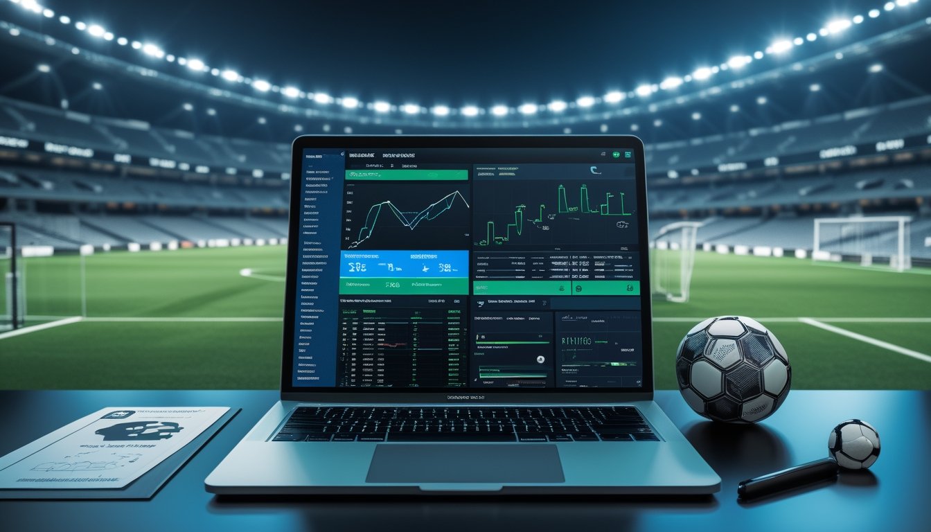 Analis sepak bola mempelajari grafik statistik pertandingan di depan layar komputer dengan stadion yang terlihat di latar belakang.
