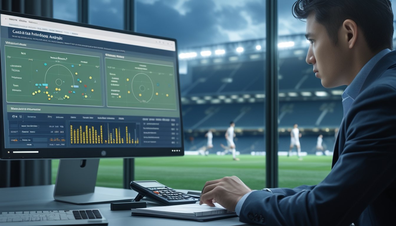 Analis olahraga mempelajari data pertandingan sepak bola yang sengit di ruang kerja modern.