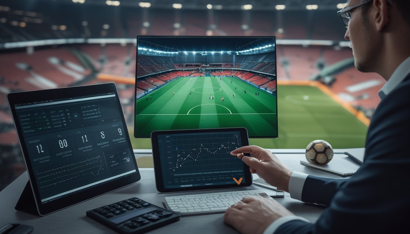 Analis olahraga menganalisis data pertandingan sepak bola ketat menggunakan laptop dan tablet.