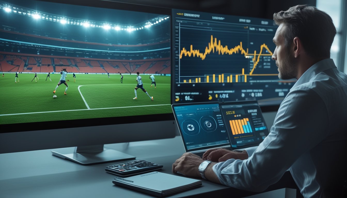 Seorang analis memantau pertandingan sepak bola langsung dan grafik analisis di ruang kerja modern.