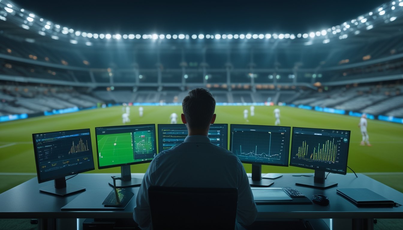Analis menganalisis pertandingan sepak bola langsung dari ruang kerja dengan beberapa layar statistik.