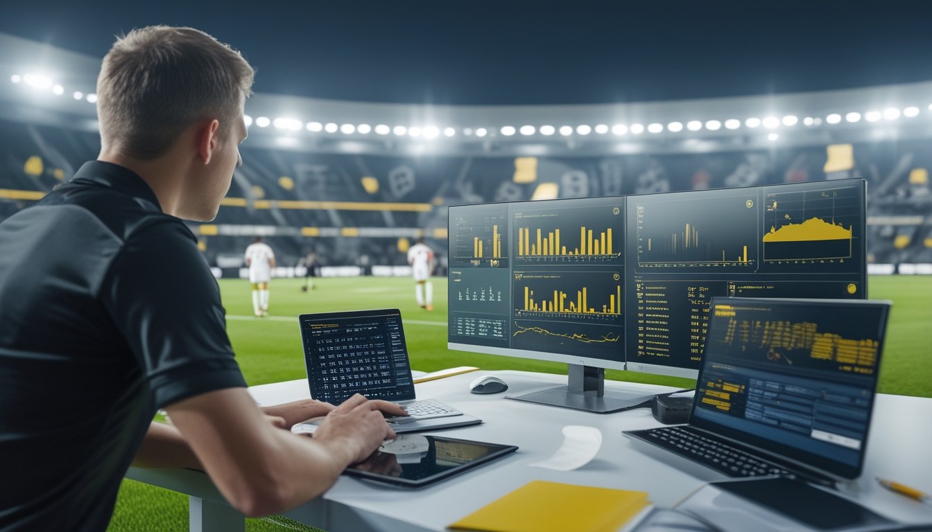 Wasit mengangkat kartu kuning saat analis memeriksa statistik pertandingan sepak bola.