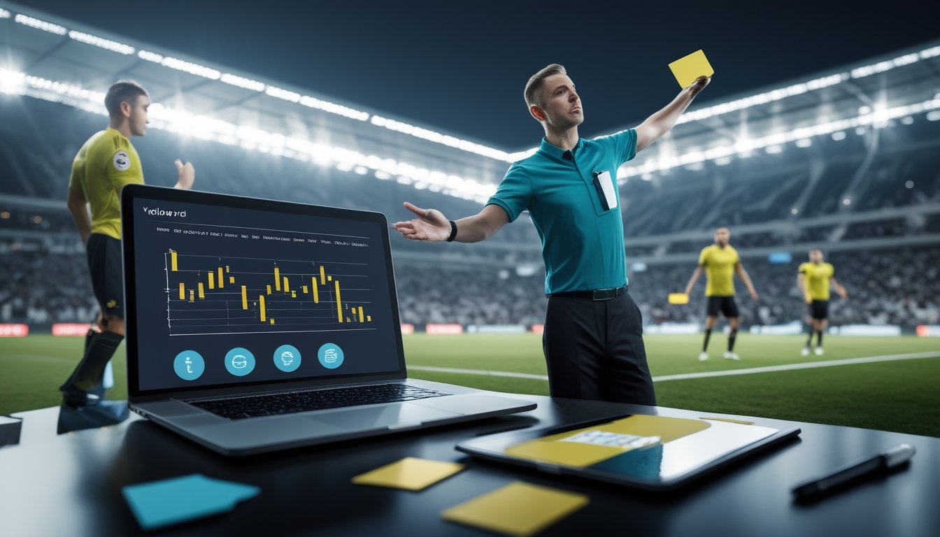 Wasit mengangkat kartu kuning saat analis mengamati statistik pelanggaran pertandingan sepak bola.