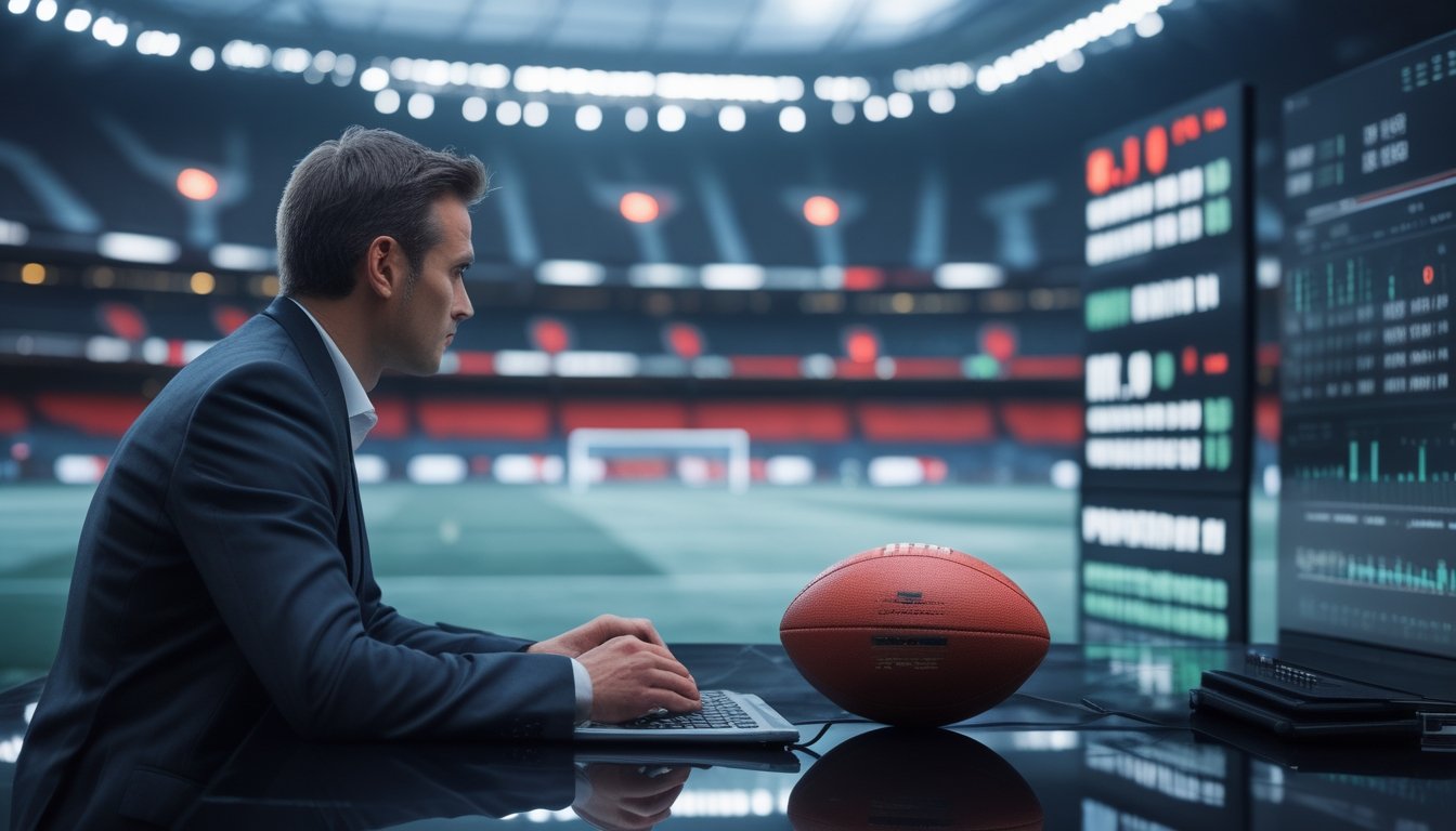Analis sepak bola mengamati data taruhan dengan stadion dan bola di latar belakang.