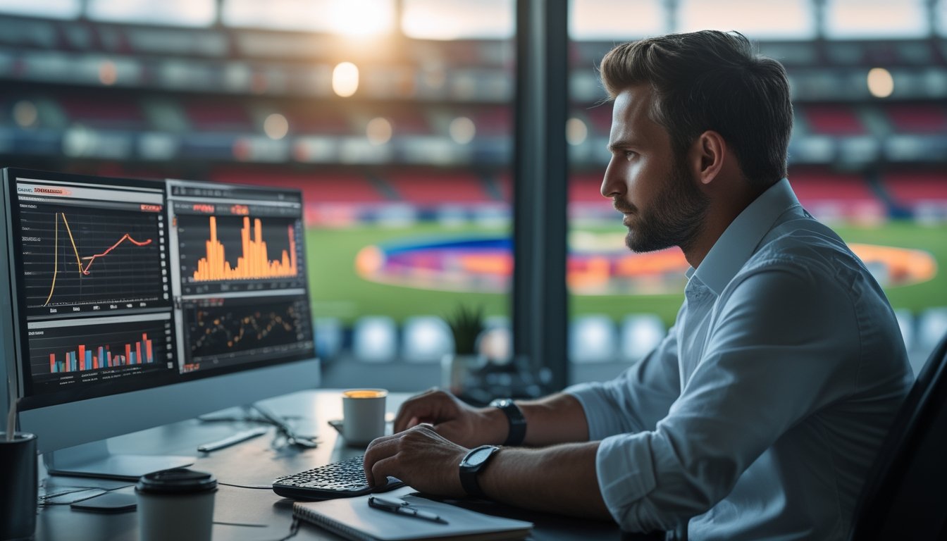 Seorang analis mempelajari data performa tim olahraga yang dianggap sebagai kuda hitam di ruang kerja modern, dengan suasana antara peluang dan risiko.