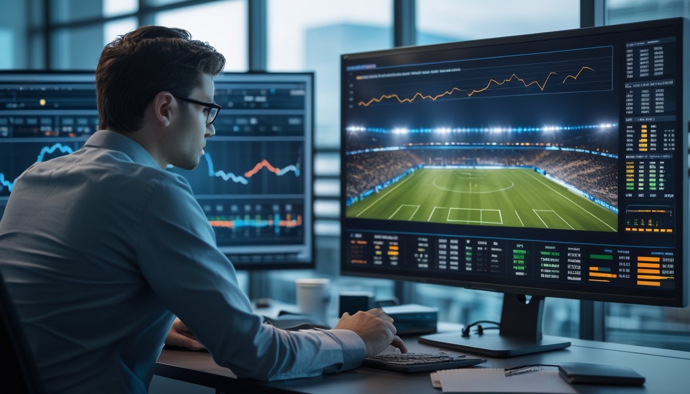 Analis mengamati grafik performa dan pertandingan sepak bola melalui beberapa layar di ruang kerja modern.
