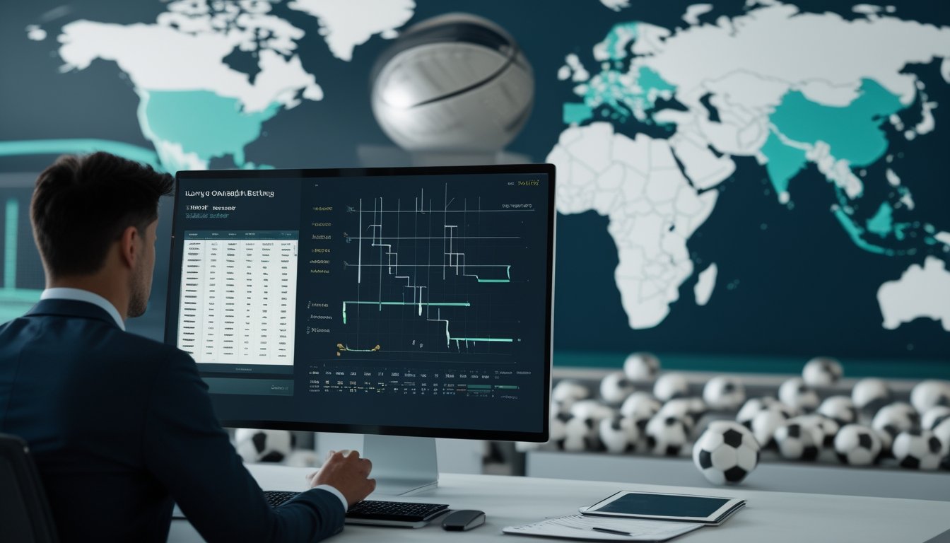 Analis meninjau data pertandingan sepak bola dan peluang juara di ruang kerja modern.