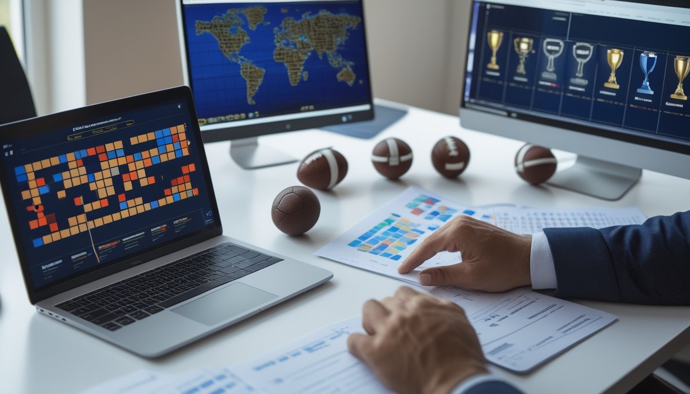 Meja analisis olahraga dengan laptop, tablet, bola sepak, dan visualisasi data untuk strategi jangka panjang menentukan juara liga.