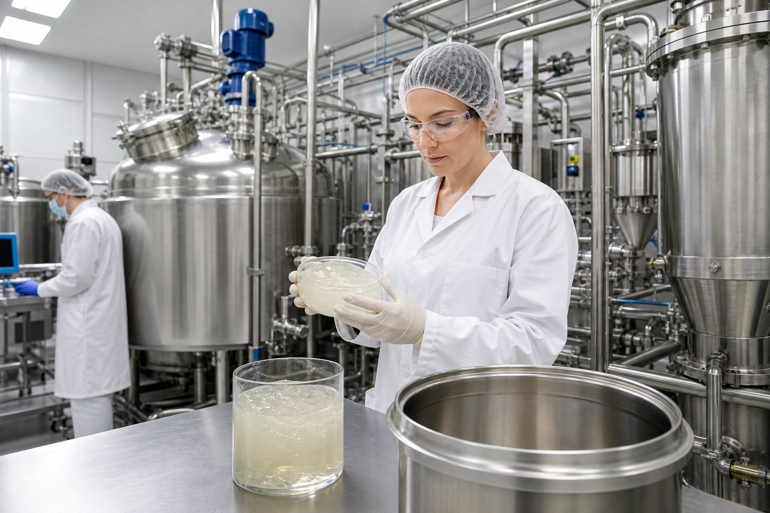 Technicians monitor stainless-steel fermentation and processing equipment in a clean facility producing curdlan gum.
