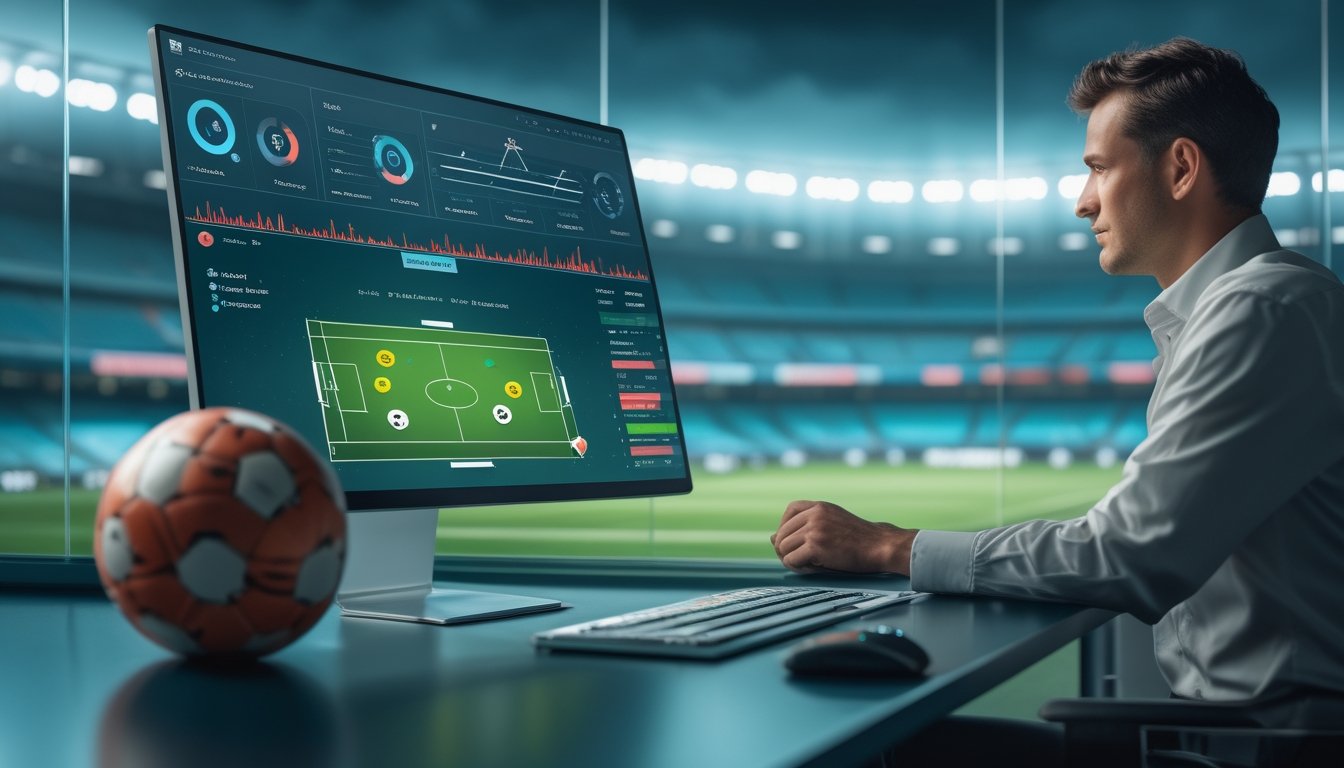 Analis sepak bola mempelajari grafik data dan peta peluang tembakan di depan layar komputer dengan stadion di latar belakang.