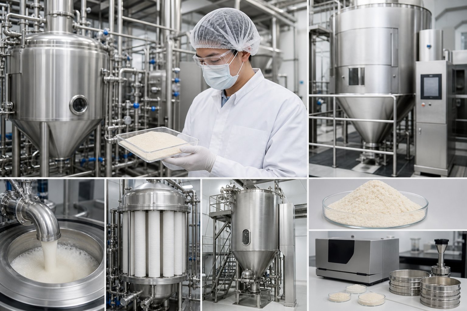 A technician inspects fine curdlan gum powder beside purification, drying, and particle-size processing equipment in a clean production facility.
