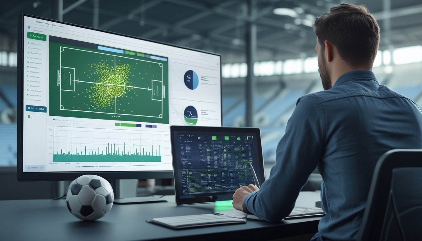 Analis sepak bola mempelajari visualisasi data pertandingan di ruang kerja modern dengan latar stadion.