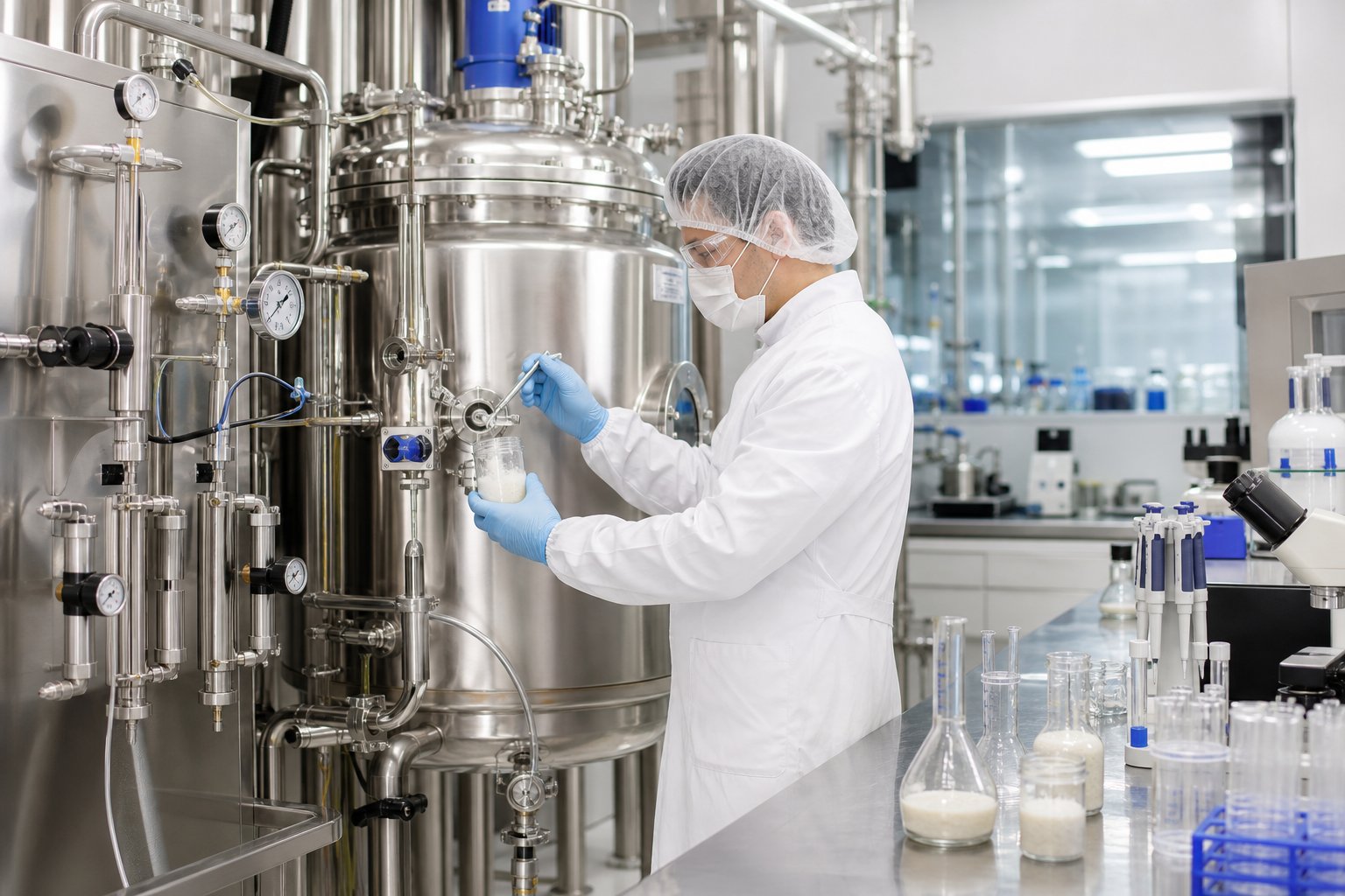 A technician monitors stainless-steel fermentation equipment and checks a curdlan gum sample in a clean industrial laboratory.