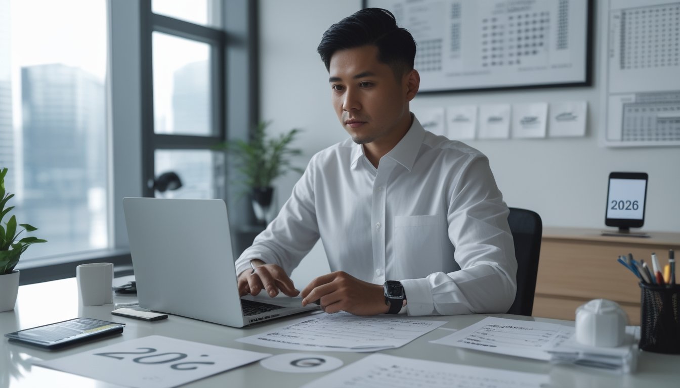 Seorang profesional meninjau grafik angka, dokumen aturan, dan proses pembayaran digital di meja kerja.