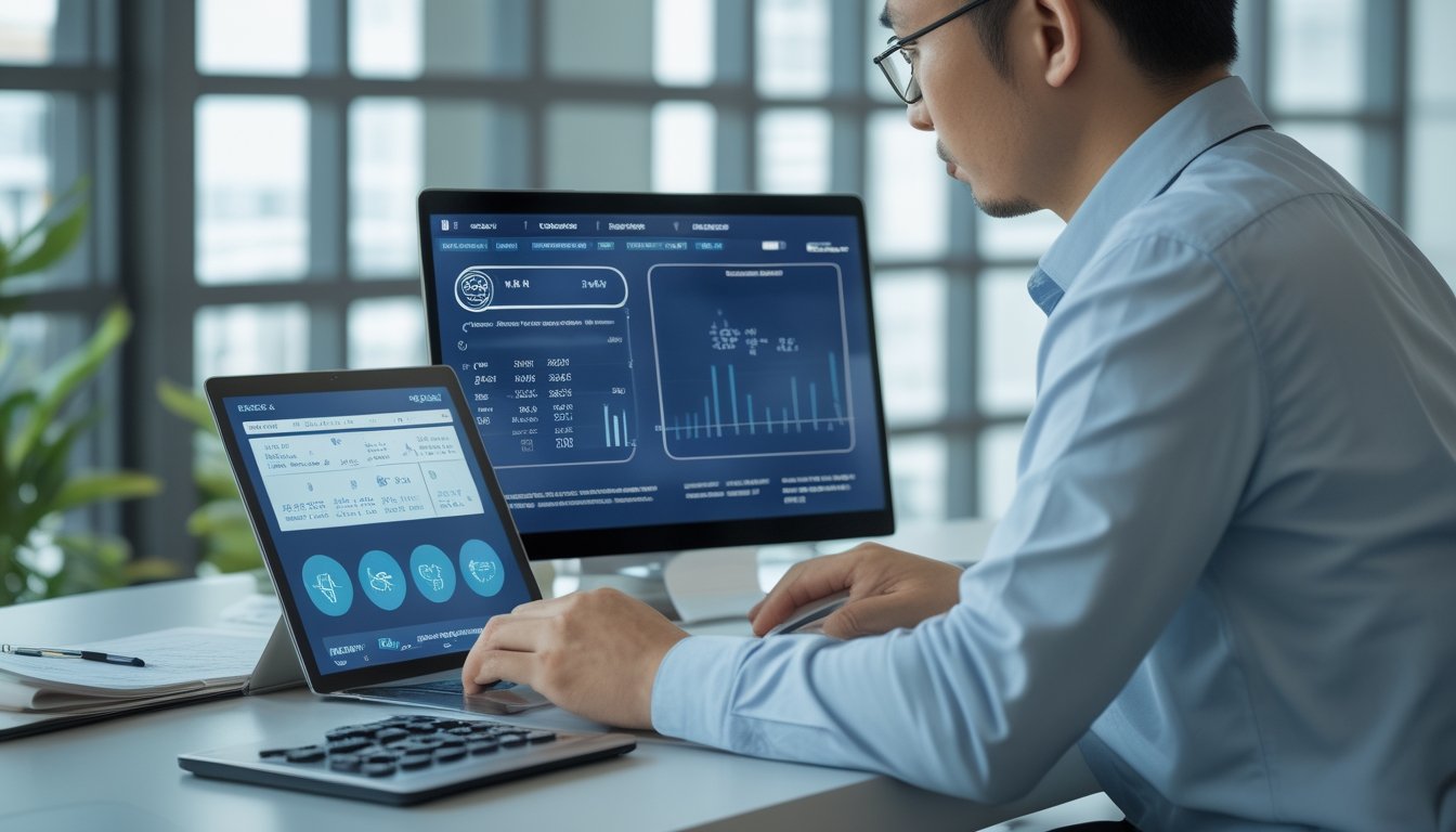 Seorang profesional Indonesia menganalisis grafik dan data abstrak di meja kerja modern.