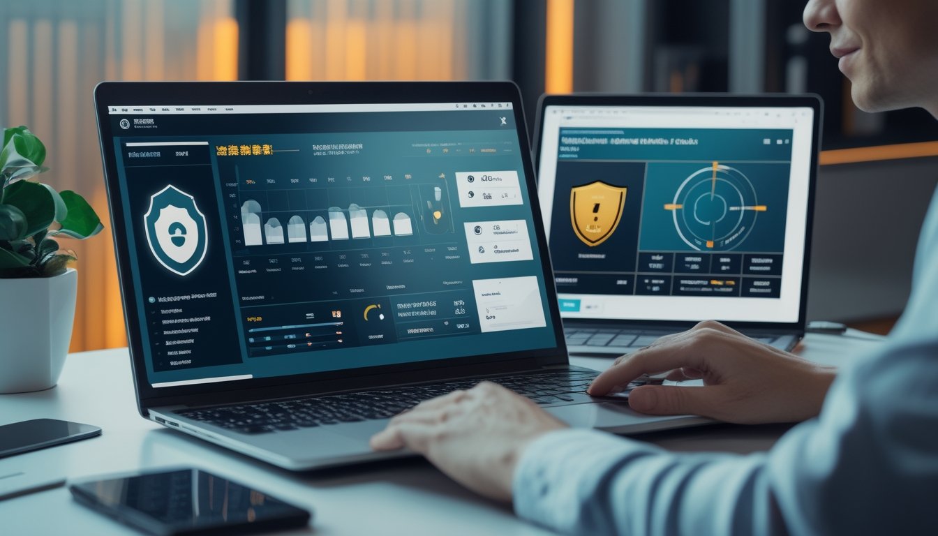 Seorang profesional memeriksa dasbor hasil langsung pada laptop dan ponsel di ruang kerja modern.