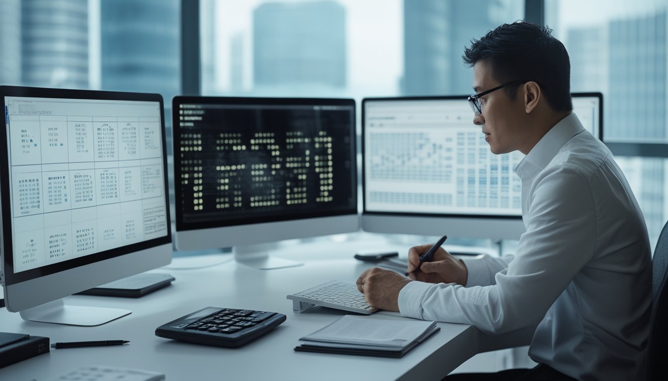 Seorang analis memeriksa data angka abstrak di meja kerja dengan laptop, monitor, kalkulator, dan catatan.