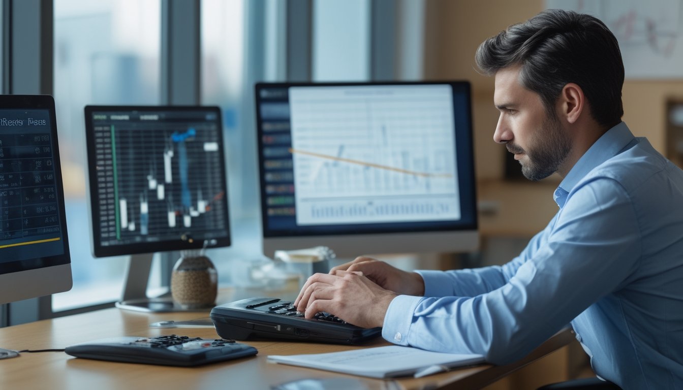 Seorang analis memeriksa kumpulan data angka dan grafik pada beberapa layar di ruang kerja modern.