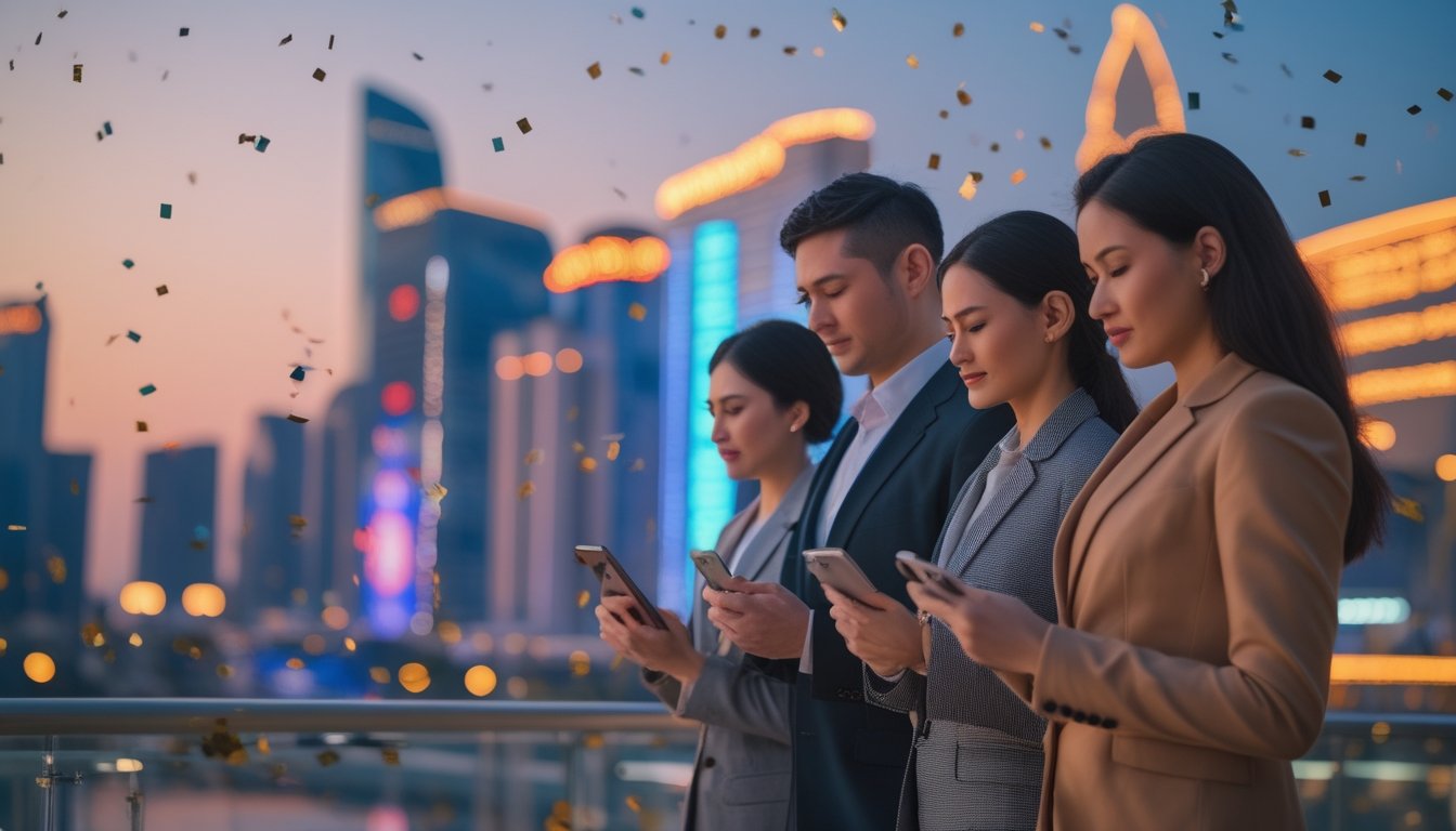 Tiga orang dewasa melihat perangkat digital di depan pemandangan kota modern yang bercahaya.