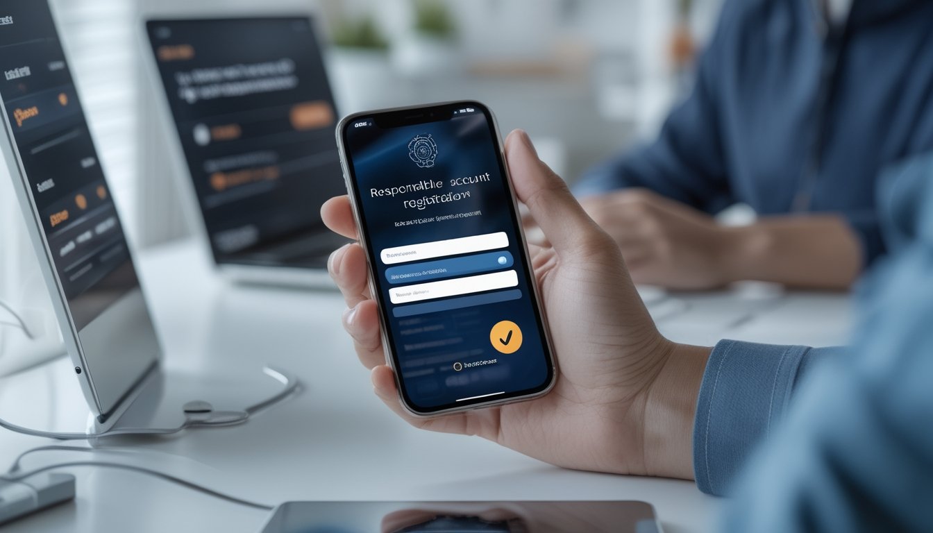 Seseorang menggunakan ponsel untuk mendaftarkan akun melalui antarmuka digital sederhana di meja kerja.