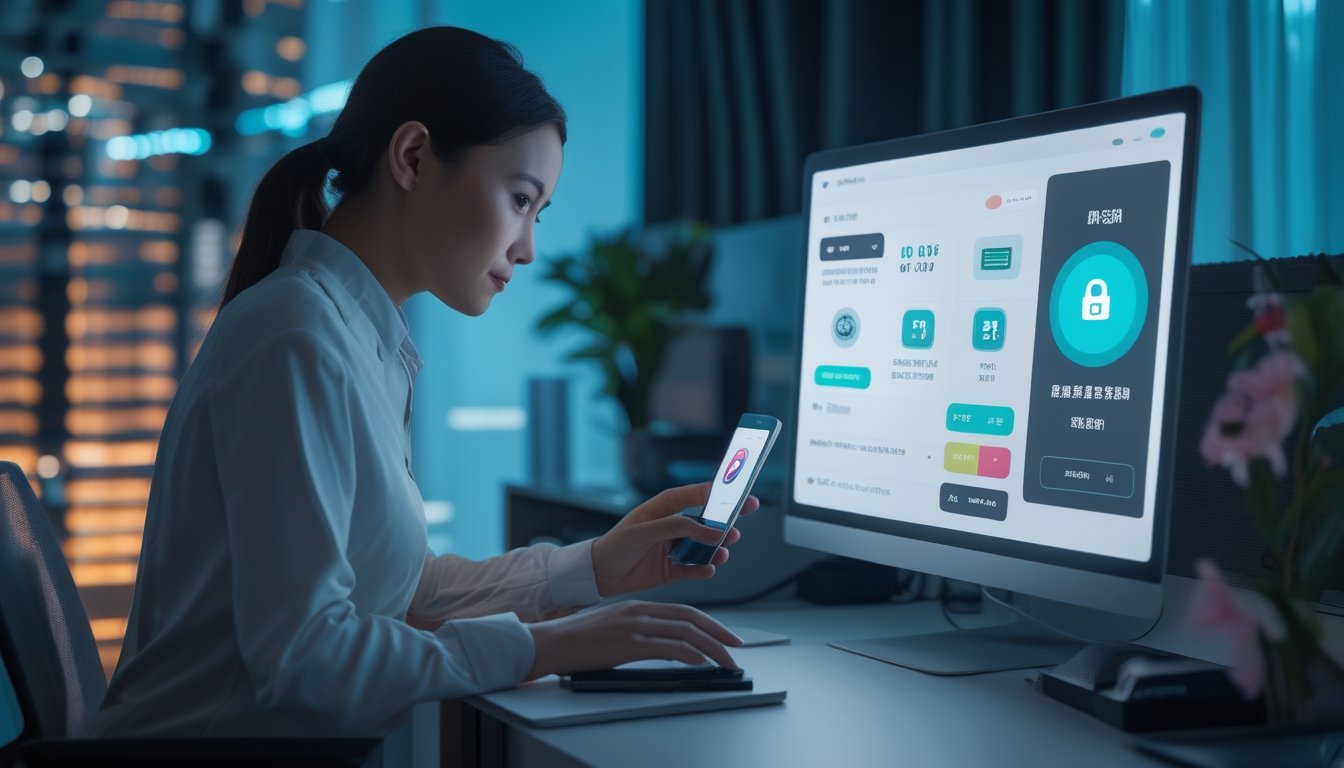 Seorang profesional menggunakan laptop dan ponsel untuk mengakses layanan pembayaran digital yang aman pada malam hari.