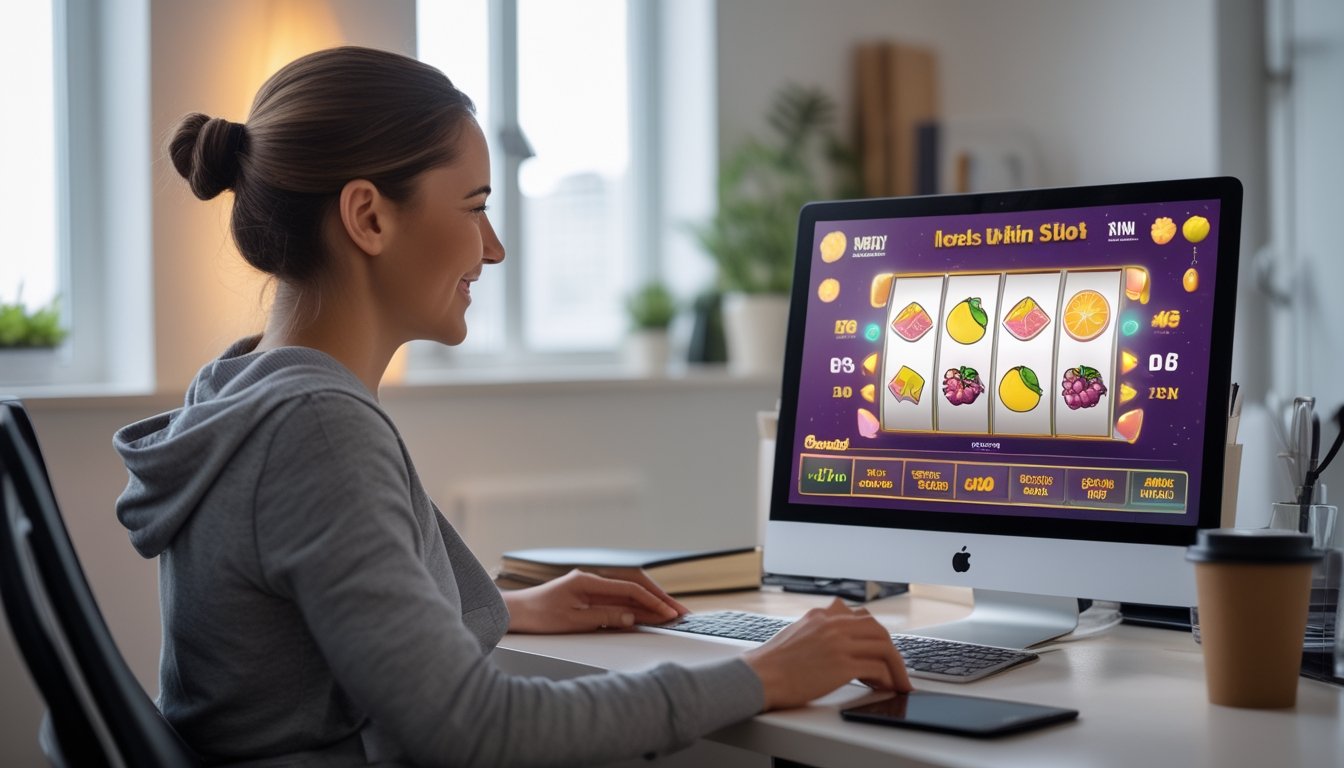 Seorang pemula mempelajari permainan slot buah di laptop pada meja kerja yang rapi.