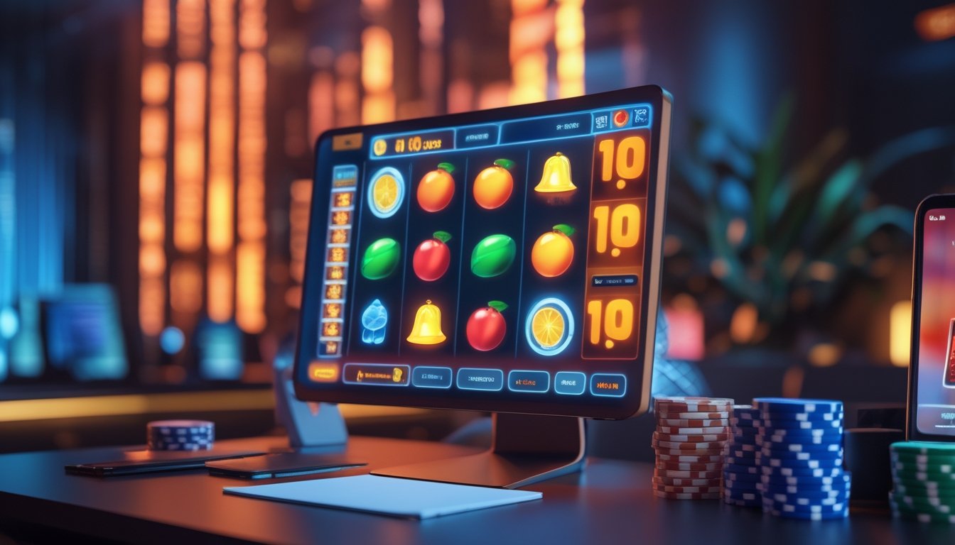 Meja gaming modern dengan monitor menampilkan permainan slot bertema buah, keping taruhan, ponsel, serta notes kosong.