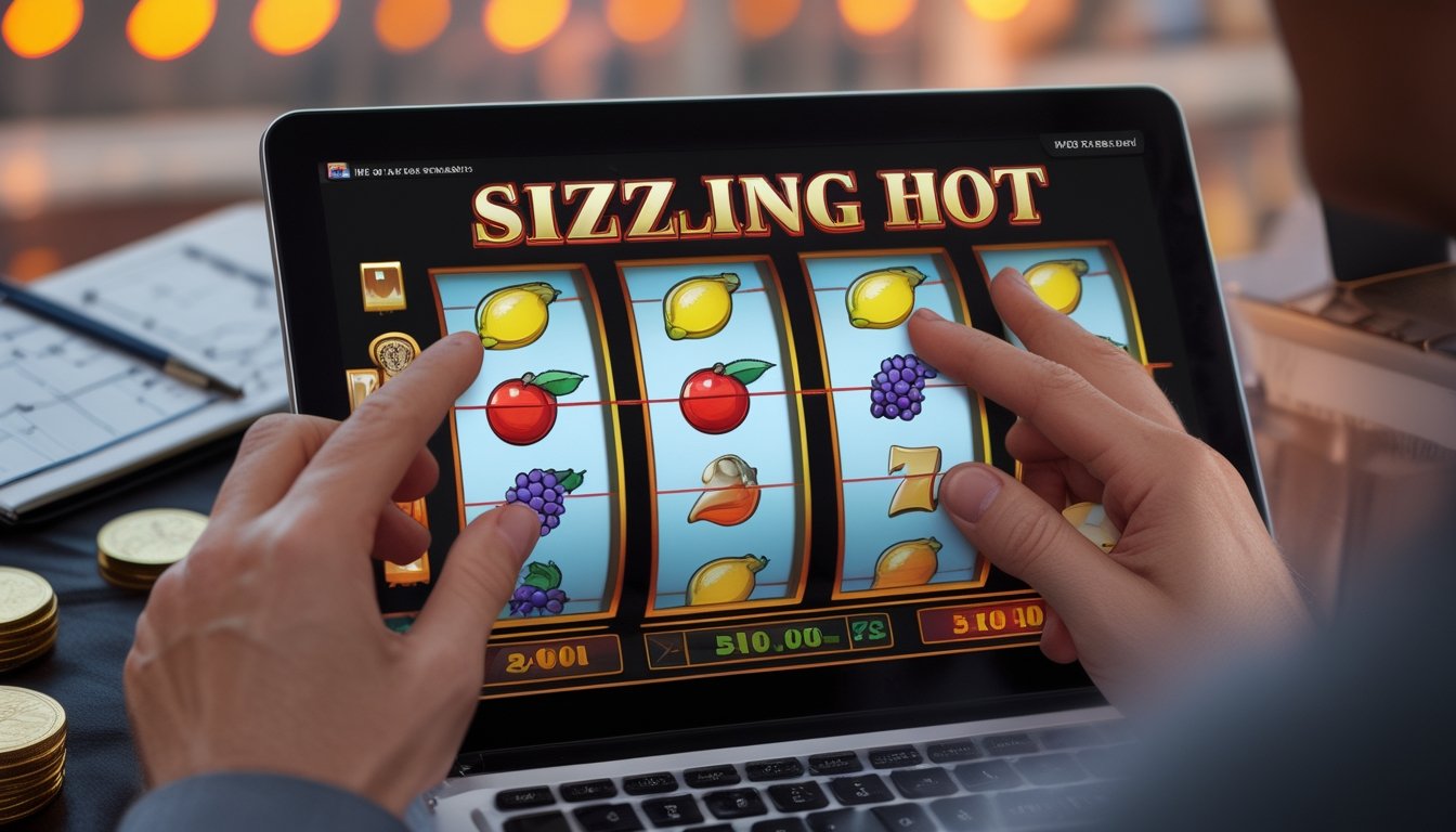 Tangan pemain menganalisis permainan slot buah digital di laptop dengan catatan strategi dan koin di meja.