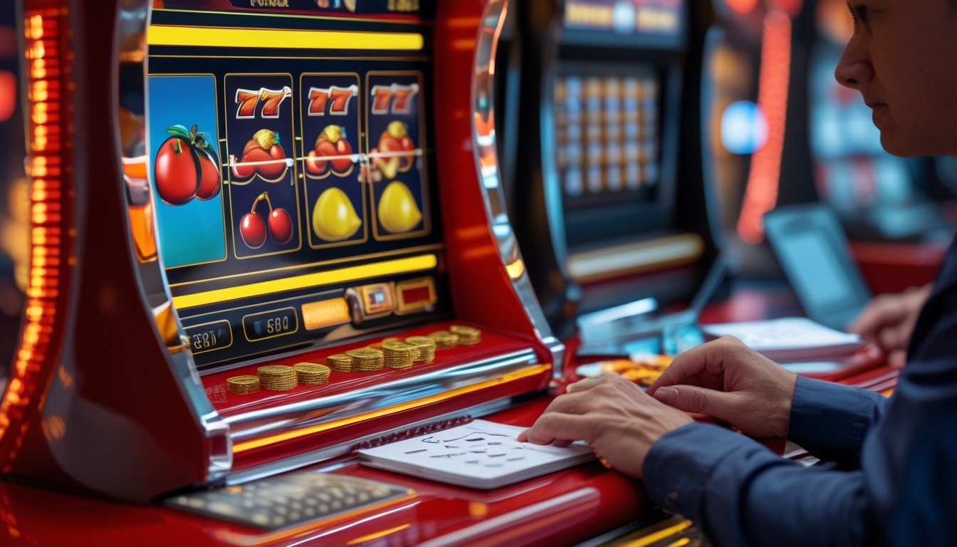 Seseorang menganalisis mesin permainan slot bertema buah di ruang permainan modern.