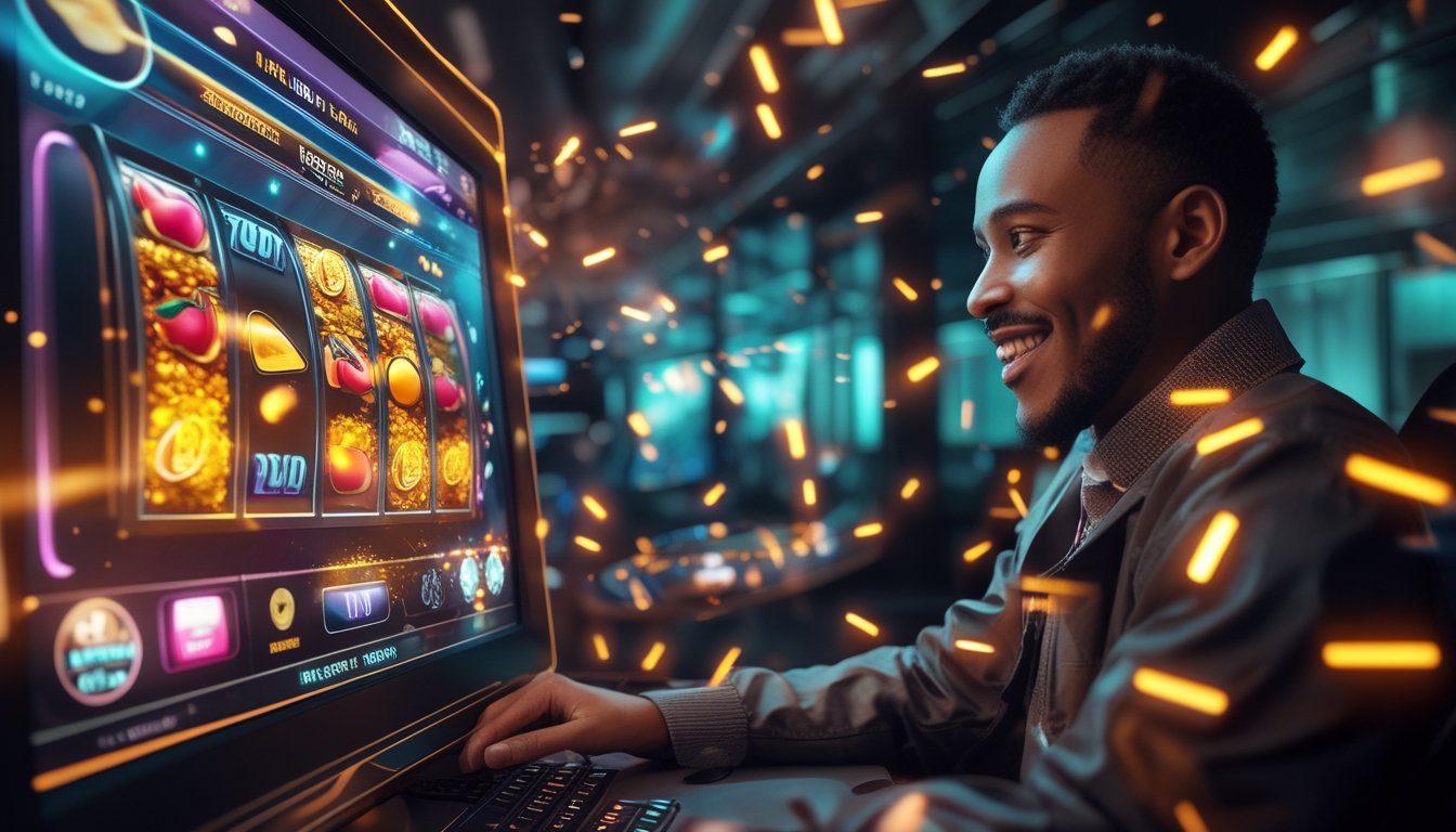 Orang dewasa menikmati permainan mesin slot digital dengan cahaya warna-warni dan koin emas berkilauan.